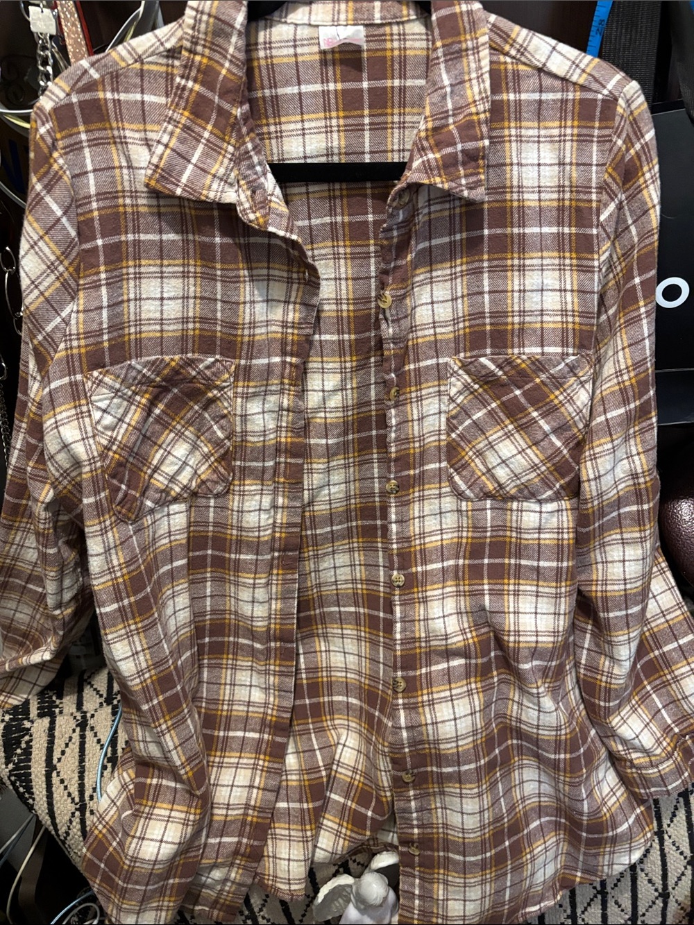 No Boundaries Brown and Cream Plaid Button-Down Shirt- P2P21,Length 31